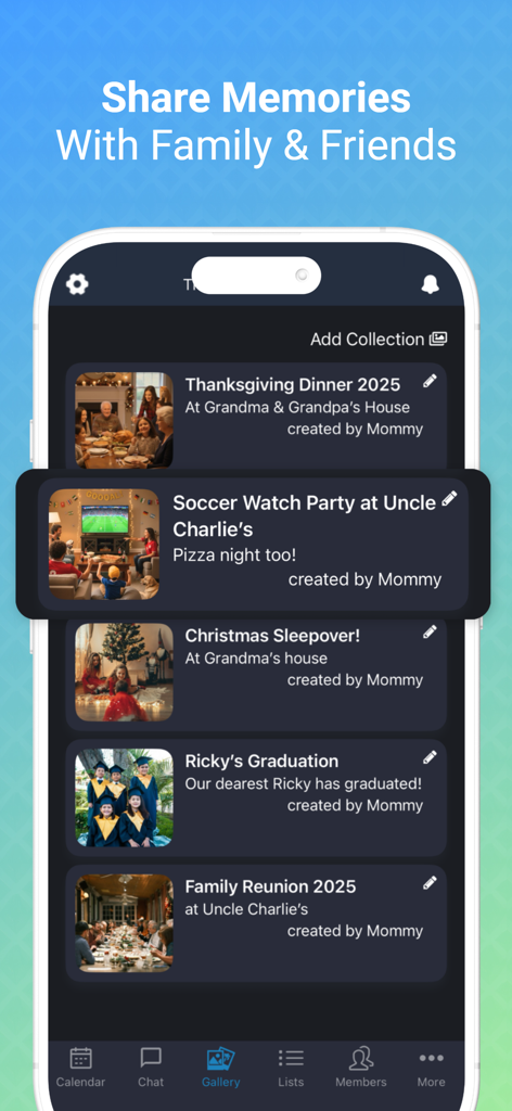 A mobile interface of the Podz app showing shared family photo albums for events like Thanksgiving and soccer parties.