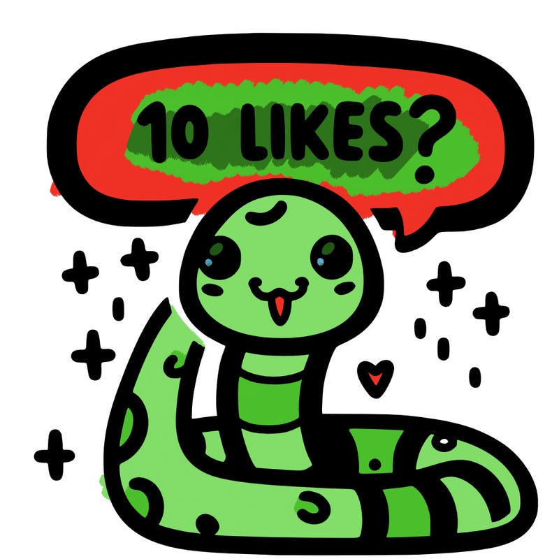 cute snake saying "10 likes?"