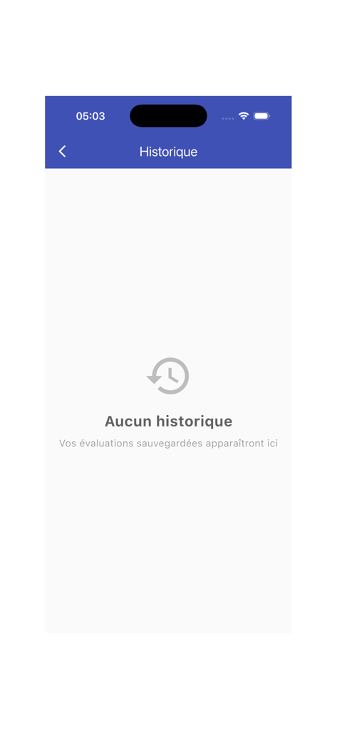 MedScales Pro - Pantalla de historial vacía de la aplicación MedScales Pro para profesionales médicos que muestra dónde se almacenan las evaluaciones guardadas.