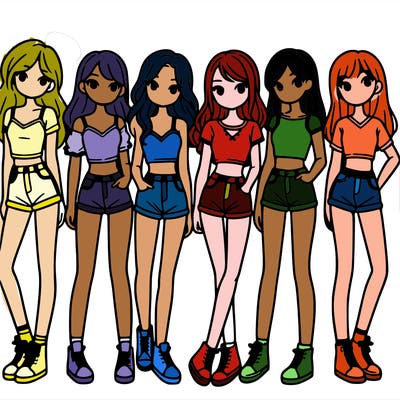 a group of girls wearing crop tops and shorts