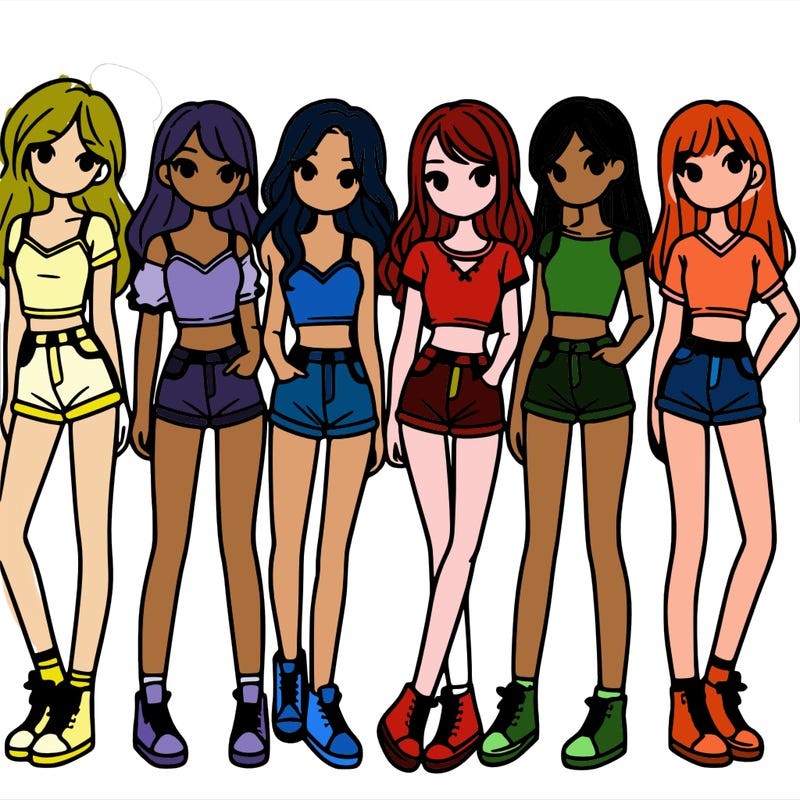 a group of girls wearing crop tops and shorts