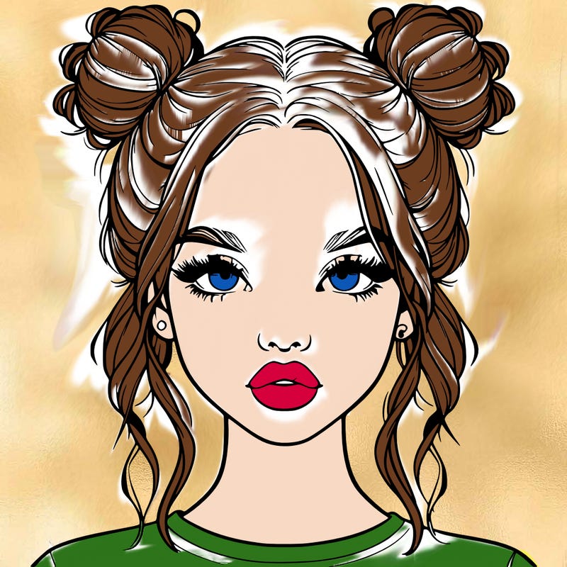 realistic girl with two buns in hair and lips