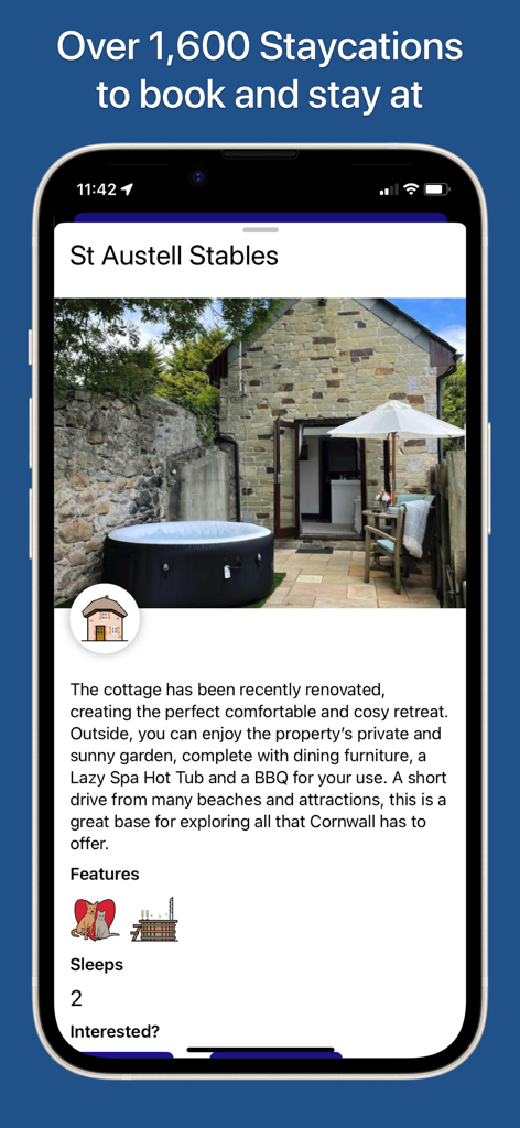 UK Hidden Gems - UK Hidden Gems app interface displaying a unique stone cottage staycation in Cornwall with a private hot tub