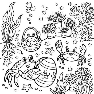 Dive into a fin-tastic Easter celebration with our adorable reef crabs coloring page! Kids will love bringing these playful crustaceans, decorated eggs, and undersea wonders to life with color.