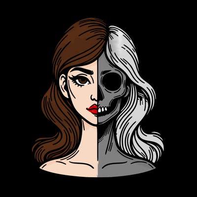 bust of a woman, half face and hair, half skull