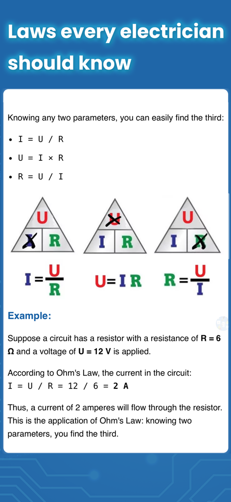 Electrician Handbook — Basics - Ohms Law formulas and triangle diagrams showing the relationship between voltage current and resistance