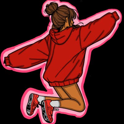 realistic girl jumping with a bun and oversized sweatshirt