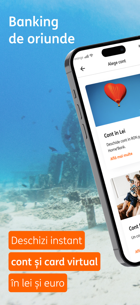 ING HomeBank - ING HomeBank mobile App, die Optionen zur sofortigen Konto- und virtuellen Kartenöffnung in Lei und Euro zeigt