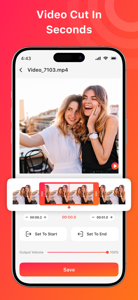 A smartphone screen displaying the video trimming feature of the Video to Audio app with a timeline and editing buttons.