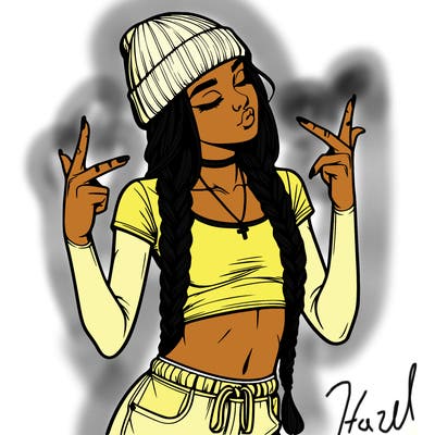 realistic teenage girl with braids and a beanie and crop top doing 🫶🏼