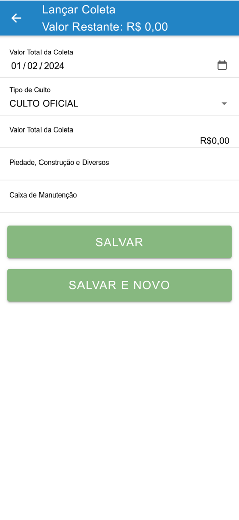 Interface móvel para o aplicativo SIGA mostrando um formulário para registrar totais de coleta da igreja com campos para data, tipo de serviço e fundos específicos.