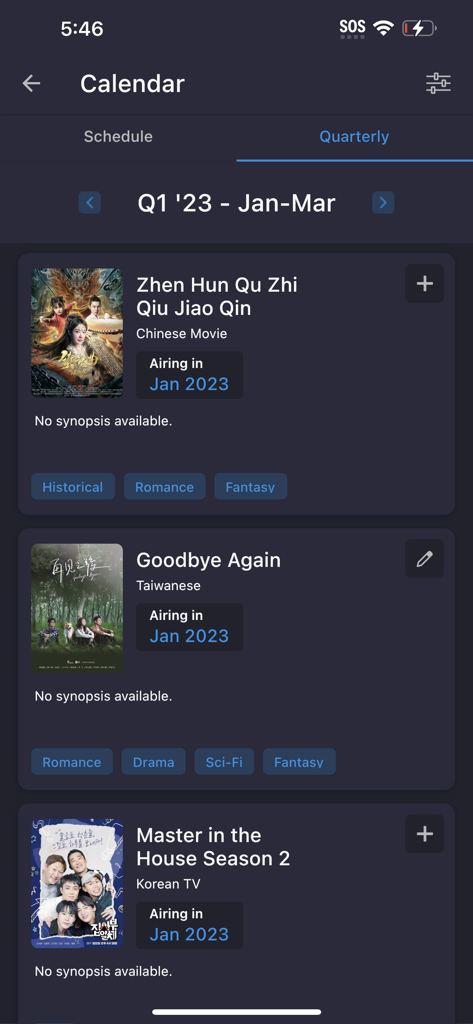 MyDramaList app interface showing a quarterly calendar of upcoming Asian TV shows and movies.