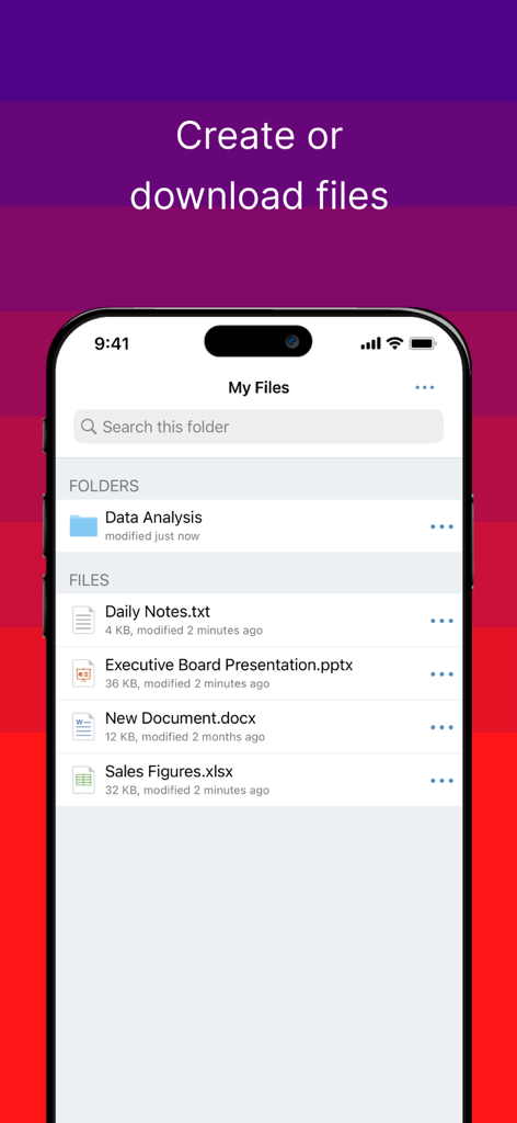 Ivanti Docs@Work mobile app interface showing a list of business files and folders on an iPhone.