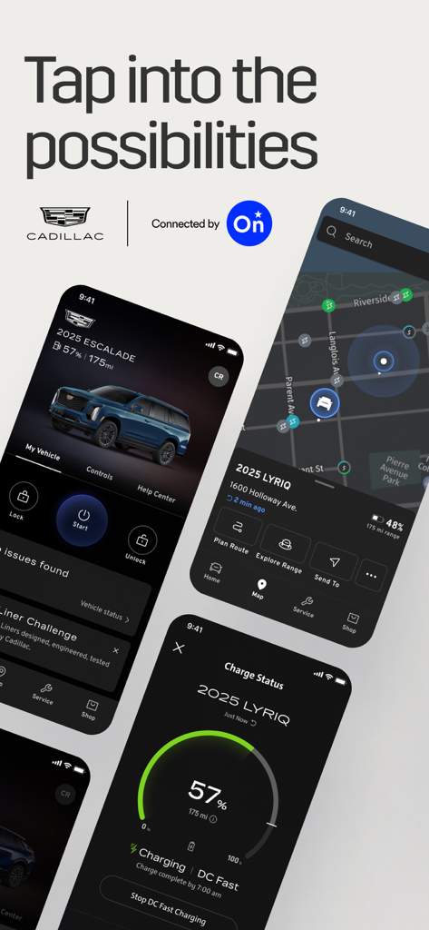 myCadillac - A promotional graphic showing the myCadillac mobile app interface for remote vehicle control navigation and charging status