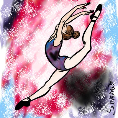 gymnast doing a leap in a leotard with a bent back leg