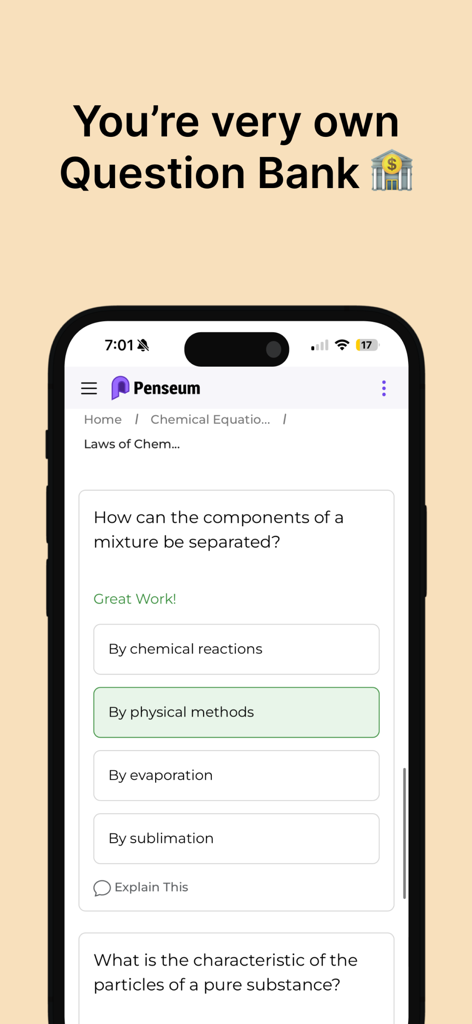 Mobile screen of the Penseum app showing an AI generated multiple choice chemistry quiz with a correct answer highlighted in green.