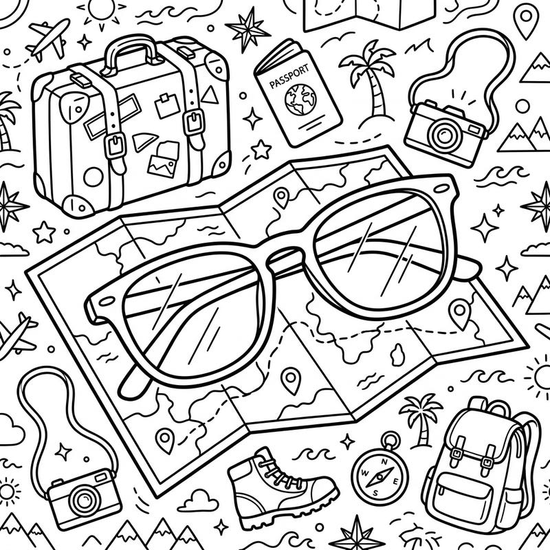Get ready to color your perfect getaway with this unique vacation-themed page, featuring stylish computer glasses. It's the ideal blend of travel excitement and mindful relaxation, perfect for a digital detox.