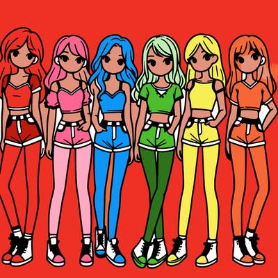 a group of girls wearing crop tops and shorts