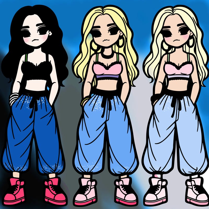 girl in baggy pants crop top and long hair