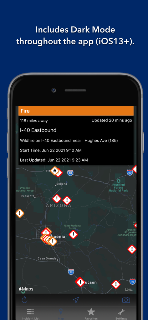 A screenshot of the Arizona State Roads app in dark mode showing real-time traffic incidents and a wildfire report on a map.