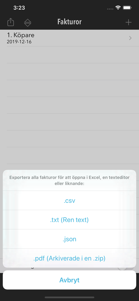 FakturaMallen - FakturaMallen 앱의 송장 내보내기 옵션(CSV, TXT, JSON 및 PDF 형식)을 보여주는 인터페이스