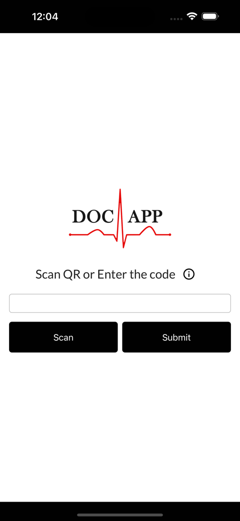 DocApp connection screen showing options to scan a QR code or enter a manual code to link with a healthcare provider