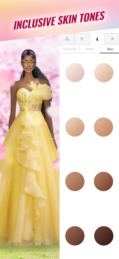 Covet Fashion: Dress Up Game - Una modelo en un vestido amarillo mostrando opciones de selección de tonos de piel diversos en la aplicación Covet Fashion