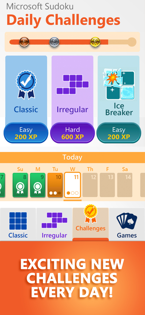 Microsoft Sudoku daily challenges screen showing classic irregular and ice breaker game modes