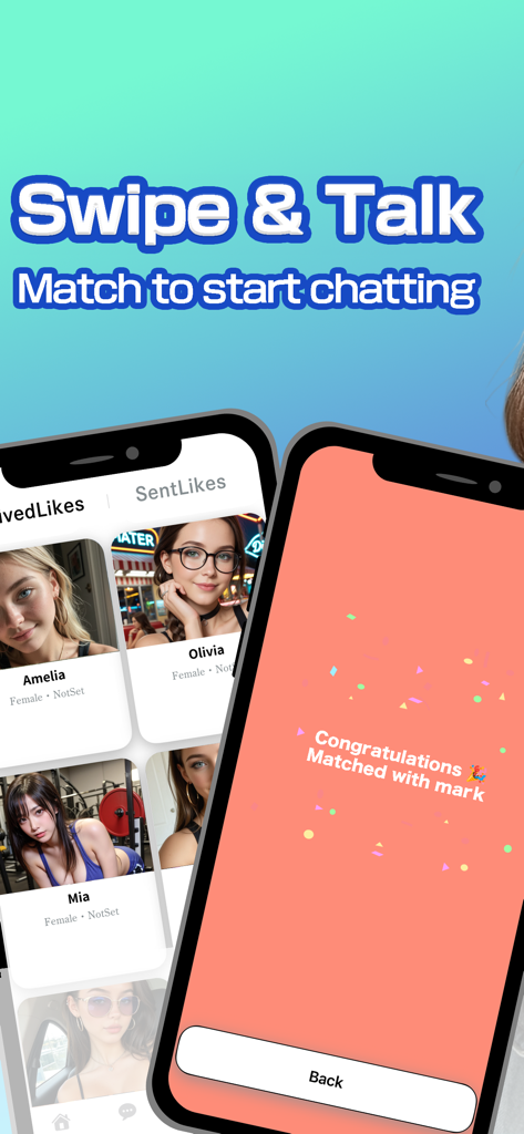 BAMEL Swipe & Live Video Chat - BAMEL 앱 인터페이스를 보여주는 스마트폰 화면, 프로필 탐색 및 매칭 알림 포함.