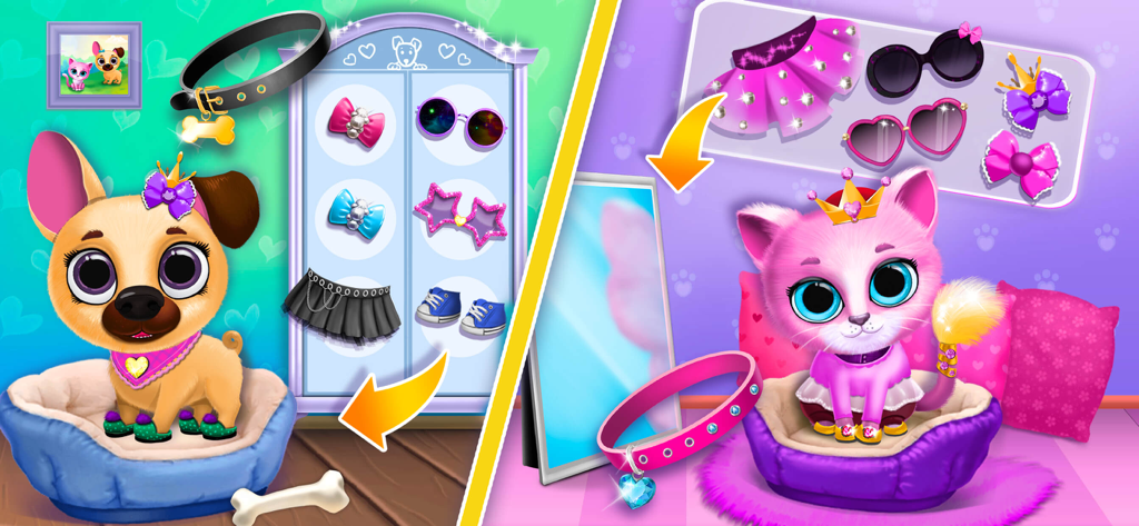 A gata Kiki e a cadela Fifi em uma interface colorida de jogo de vestir e estilizar animais