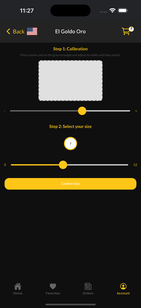 El Goldo Oro - Jewelry size calibration and selection screen in the El Goldo Oro mobile app