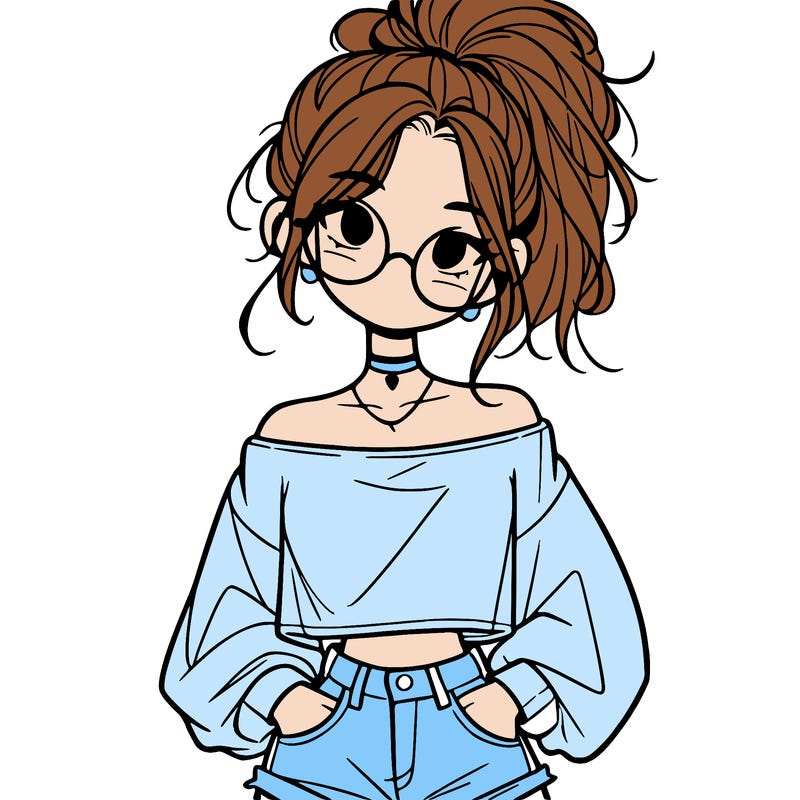 girl with a messy ponytail glasses a baggy crop top and jean shorts