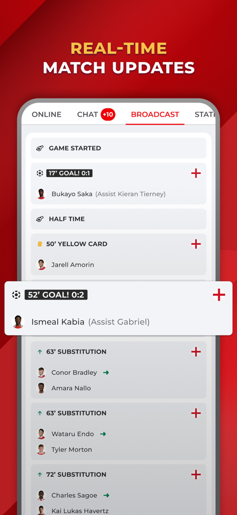 AFC Live – for Arsenal fans - AFC Live app interface showing real time Arsenal match updates with a timeline of goals and substitutions