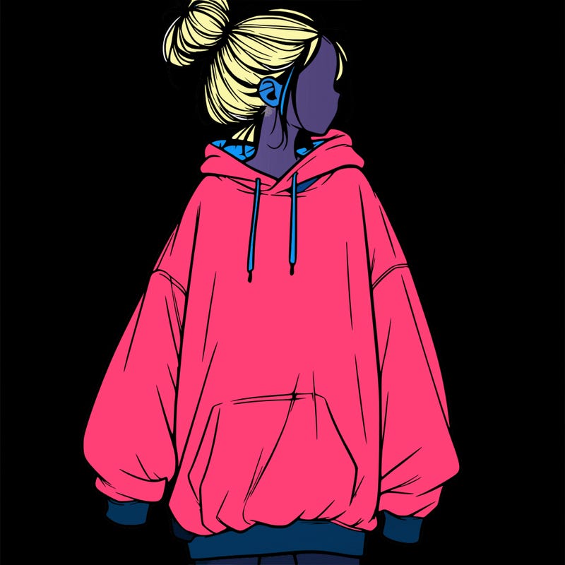 realistic girl with a oversized sweatshirt on and a bun