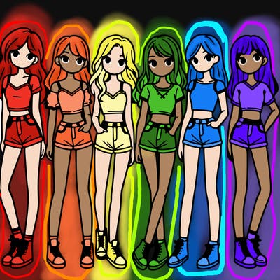 a group of girls wearing crop tops and shorts