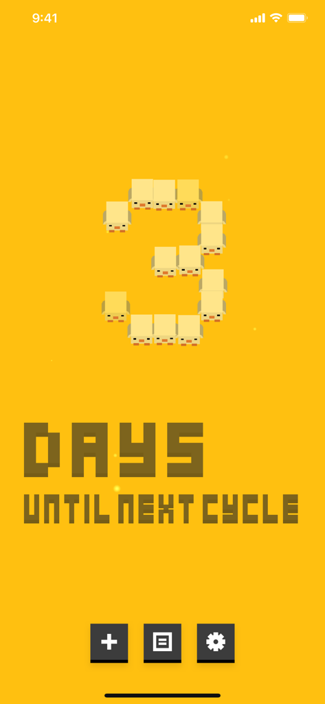 かわいいひよこキャラクターでできたピクセル数字で、次の周期まであと3日であることを示すCube Period Trackerアプリのインターフェイス。