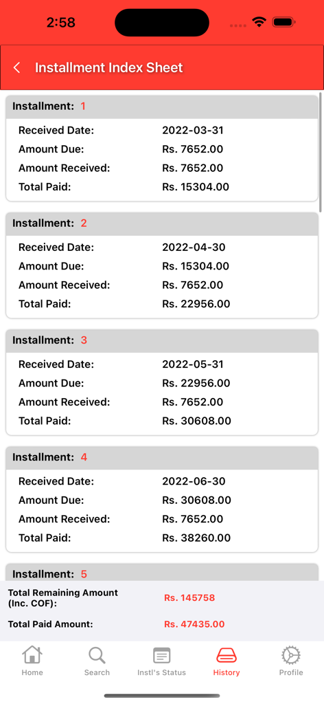 A screen showing the installment index sheet with a payment history log and total remaining amount in the CSD HirePurchase app