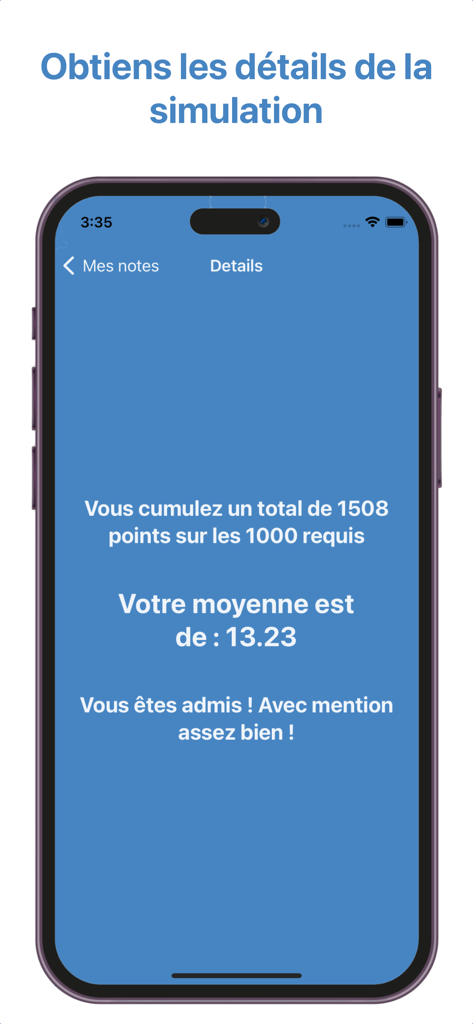 Interface of the Bac simulator app showing a final average of 13.23 and a passing mention