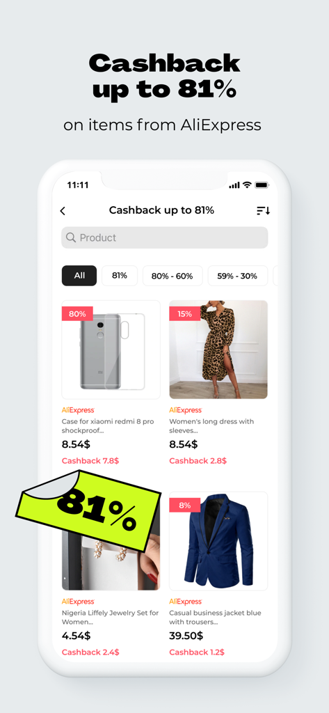 Interfaz de la aplicación Backit que muestra hasta un 81 por ciento de cashback en productos de AliExpress como electrónica y moda