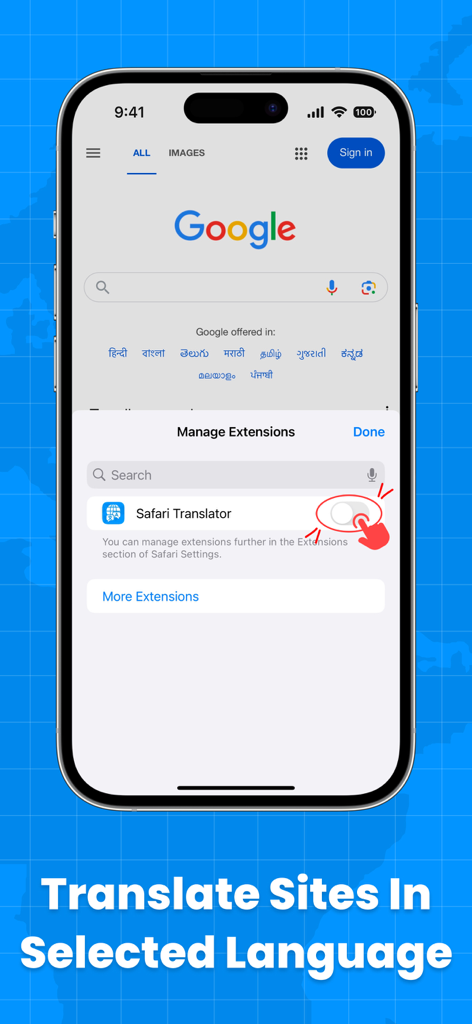 AI Translator for Web Pages - iPhone-Bildschirm, der das Menü 'Erweiterungen verwalten' mit einem Handsymbol zeigt, das auf den Schalter für die Safari-Übersetzer-Erweiterung zeigt.