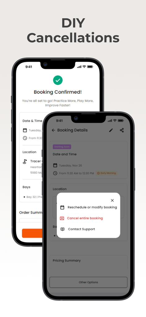 Tracer Golf - Interface de l'application Tracer Golf montrant la gestion des réservations en libre-service avec des options pour reporter ou annuler une session de golf.