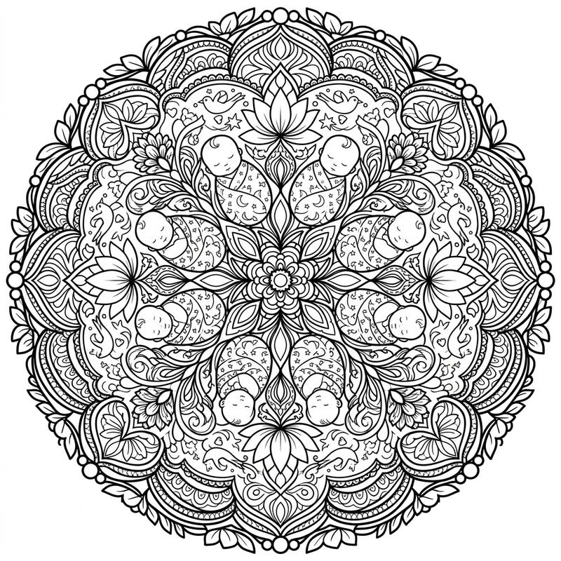 Immerse yourself in tranquility with this intricate Newborn Mandala coloring page, designed for adults. Discover peaceful sleeping babies cradled within a beautifully symmetrical, detailed pattern, offering a unique path to relaxation and mindful creativity.