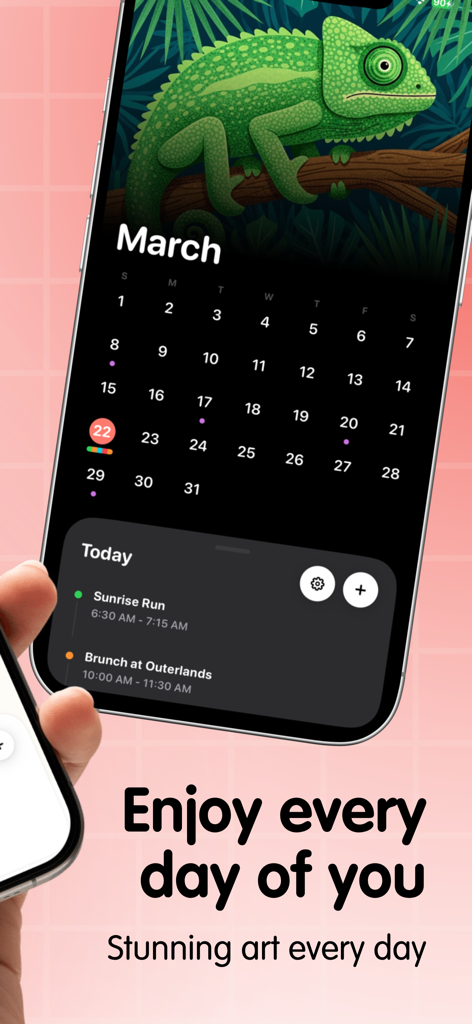 Frames: Photo Calendar App - Frames app displaying a stylish March calendar with a chameleon illustration and a daily schedule list