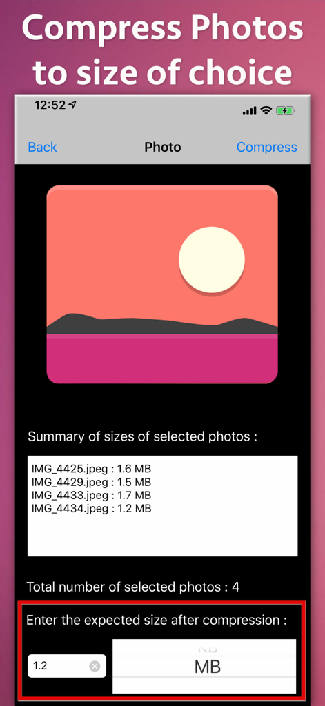 Video-Photo-Audio Compressor - Captura de pantalla de la interfaz de la aplicación mostrando la compresión de fotos por lotes con un campo de entrada para establecer un tamaño de archivo objetivo