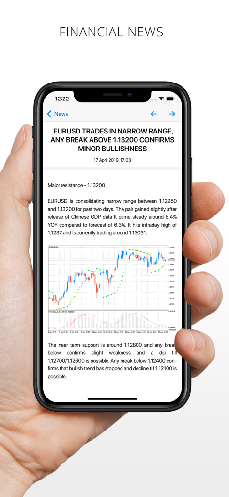 MetaTrader 4 - MetaTrader 4 mobile app displaying a financial news article and technical forex chart