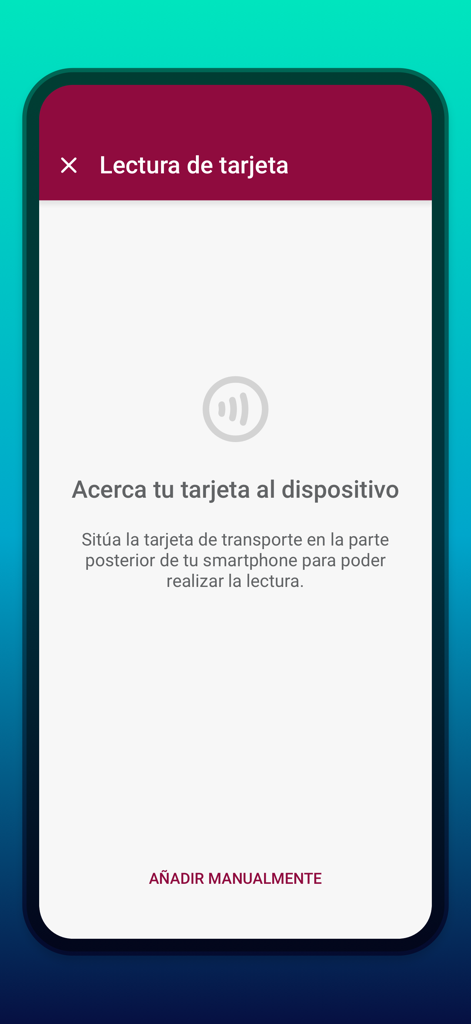 Alicante Bus - Alicante Bus mobile app interface for scanning a transport card