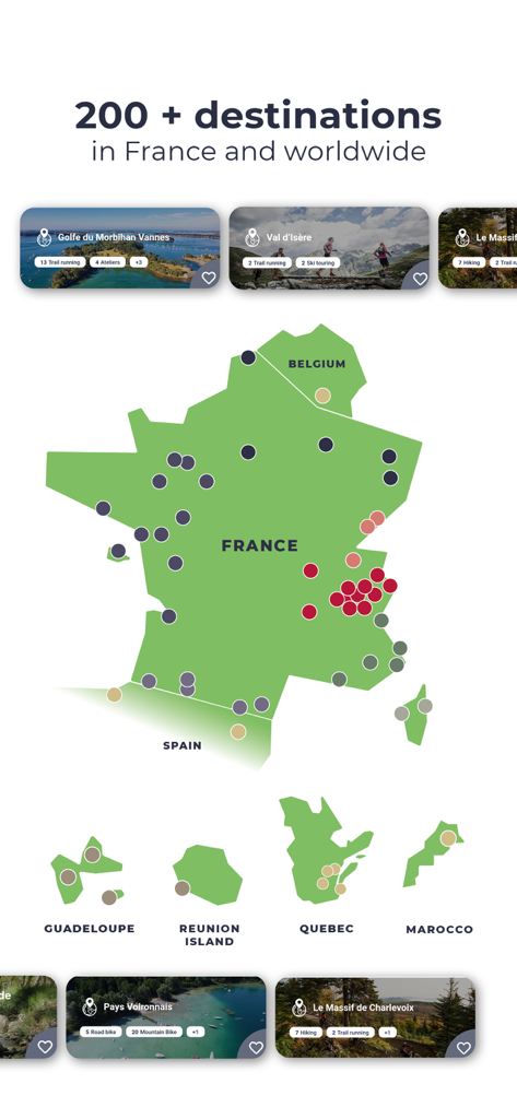 Mapa mostrando mais de 200 destinos oficiais de esportes ao ar livre na França e no mundo