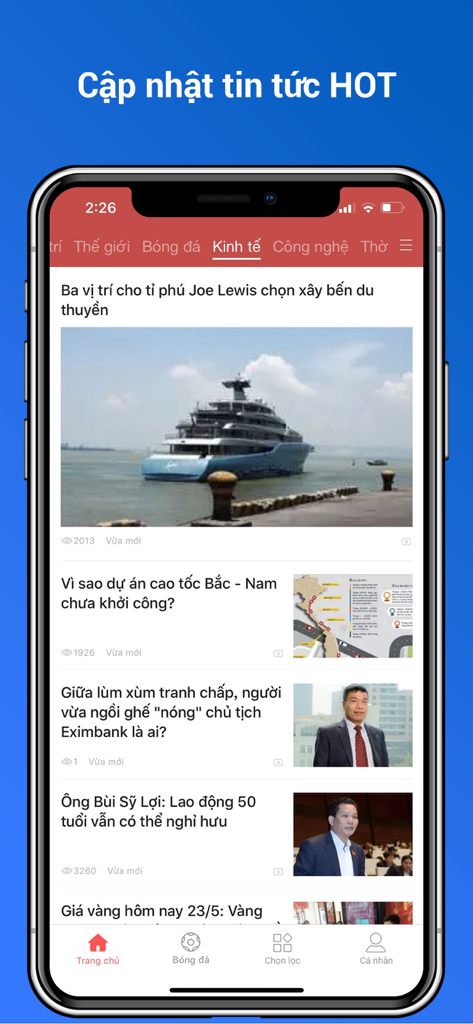 스마트폰에서 베트남어로 된 인기 뉴스 피드를 보여주는 VN Ngay Nay 앱 인터페이스