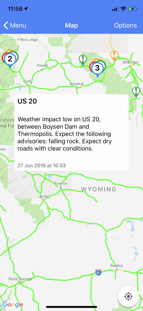 A map of Wyoming in the Wyoming 511 app displaying road conditions and a weather advisory for US 20