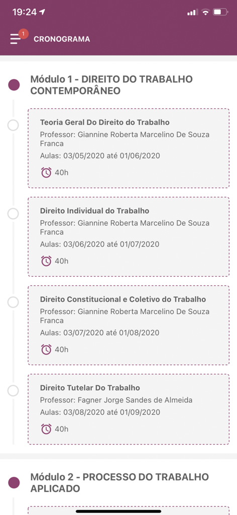 Portal do Aluno - Portal do Aluno app showing a course schedule with modules for Labor Law